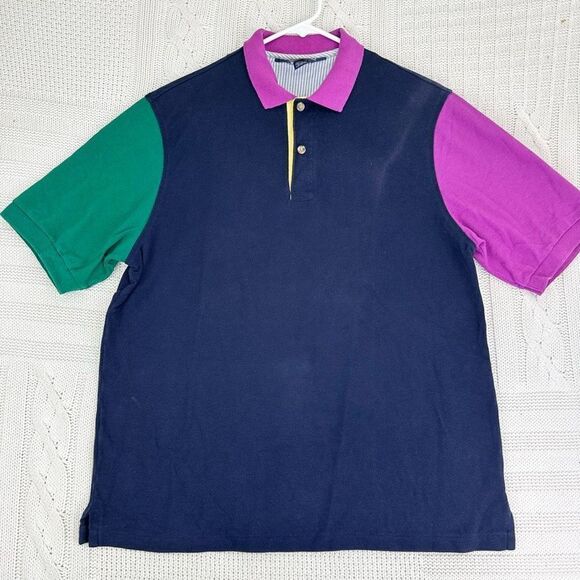 VTG Lands' End‎ USA Retro Color Block Polo Shirt Men's Medium Navy/Magenta/Teal - Picture 1 of 7